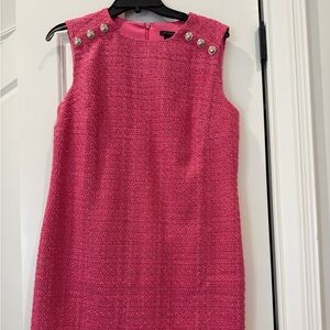 Ann Taylor Hot Pink Tweed Sleeveless Shift Dress with Gold Buttons